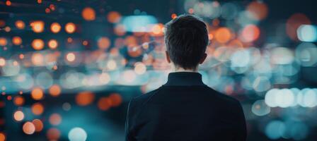 Man Looking at City Lights at Night photo