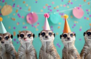 Five Meerkats Celebrate With Party Hats photo