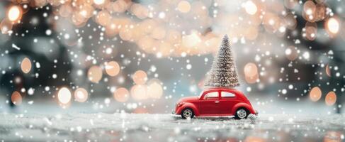 Red Car Carrying Christmas Tree in Snow photo