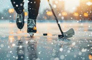 Hockey Player Skates on Snowy Ice photo