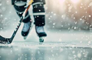 Hockey Player Skates on Snowy Ice photo