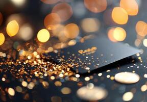 Black Card With Gold Glitter and Lights photo