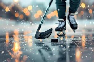 Hockey Player Skates on Snowy Ice photo