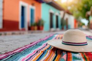Straw Hat on Colorful Blanket in Front of Houses photo