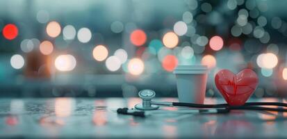Red Heart and Stethoscope on Blue Background photo
