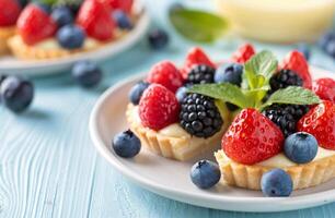 Strawberry and Blueberry Tart on Blue Table photo