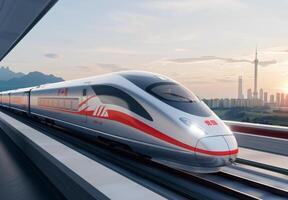 High-Speed Train Traveling Through Cityscape photo