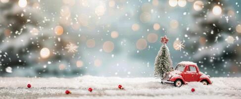 Red Car Carrying Christmas Tree in Snow photo
