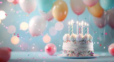 Birthday Cake With Candles and Balloons photo