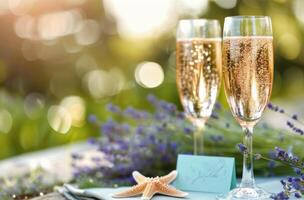 Two Glasses of Sparkling Wine on a Table photo