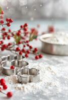 Holly Berries and Cookie Cutters on Flour photo
