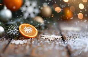 Orange Slice and Snowflakes on Wooden Table photo
