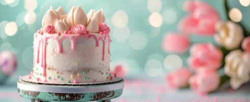 Pink Drip Cake With Flowers photo