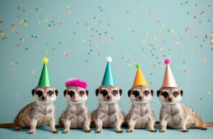 Five Meerkats Celebrate With Party Hats photo