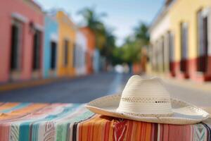 Straw Hat on Colorful Blanket in Front of Houses photo