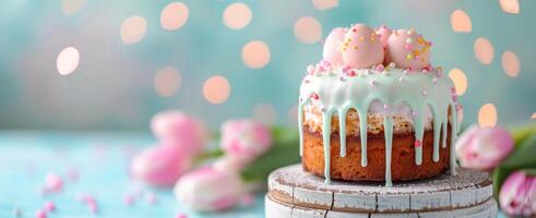 Pink Drip Cake With Flowers photo
