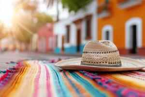 Straw Hat on Colorful Blanket in Front of Houses photo