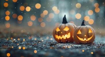 Lit Jack-O'-Lanterns On Halloween Night photo
