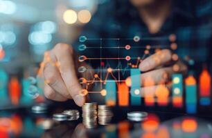 Hand Placing Coin on Stack With Rising Chart photo