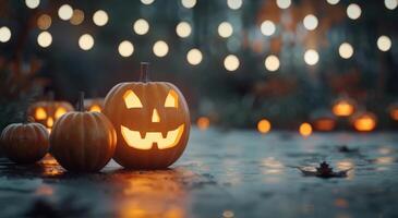 Lit Jack-O'-Lanterns On Halloween Night photo