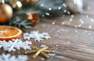 Orange Slice and Snowflakes on Wooden Table photo