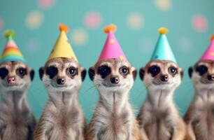 Five Meerkats Celebrate With Party Hats photo