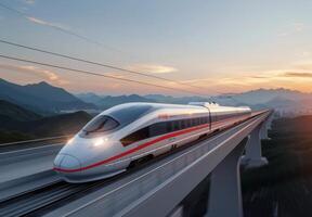 High-Speed Train Traveling Through Cityscape photo