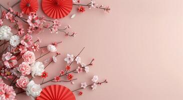 Pink Flowers and Red Fans on Pink Background photo