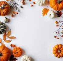 Autumnal Pumpkins and Leaves on White Background photo