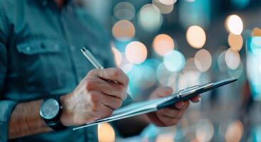 Man Writing on Clipboard in Office photo