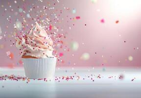 Pink Cupcake With Sprinkles Falling photo
