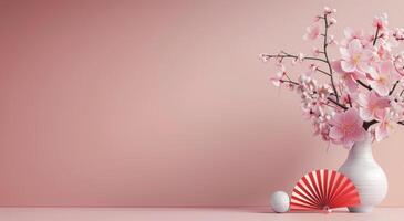 Pink Flowers and Red Fans on Pink Background photo