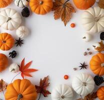 Autumnal Pumpkins and Leaves on White Background photo