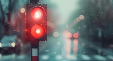 Red Traffic Light in the Rain photo