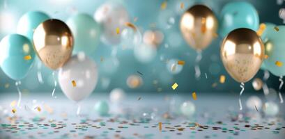 Teal and Gold Balloons With Confetti photo