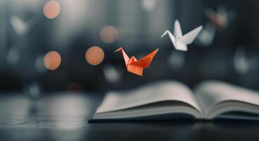 Origami Birds Flying Over Open Book photo