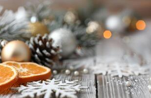 Orange Slice and Snowflakes on Wooden Table photo