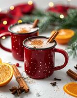 Red Mug of Hot Cocoa With Cinnamon Sticks photo