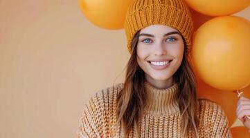 Woman Smiling With Yellow Balloons photo
