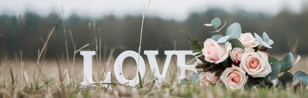 White Love Letters In Front Of Roses photo