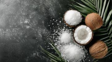 Coconuts and Palm Leaf on Black Background photo