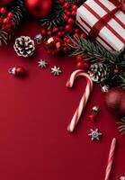 Red Christmas Decorations on Red Background photo