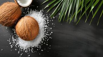 Coconuts and Palm Leaf on Black Background photo