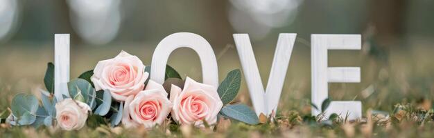 White Love Letters In Front Of Roses photo