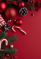 Red Christmas Decorations on Red Background photo