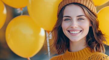 Woman Smiling With Yellow Balloons photo