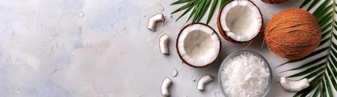 Coconut Halves and Palm Leaf on White Background photo