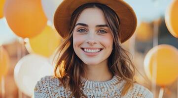 Woman Smiling With Yellow Balloons photo