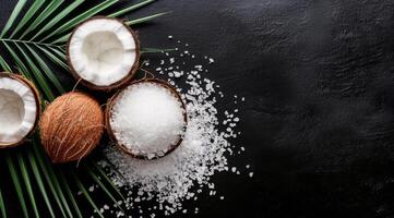 Coconuts and Palm Leaf on Black Background photo