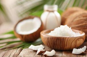 Coconut Shells in Wooden Bowl on Table photo